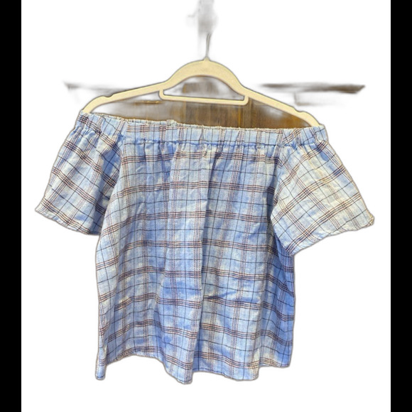 Verte Blouse Size Large Off Shoulder (or on) Baby Blue Plaid w Pink Cropped Top - Picture 1 of 9